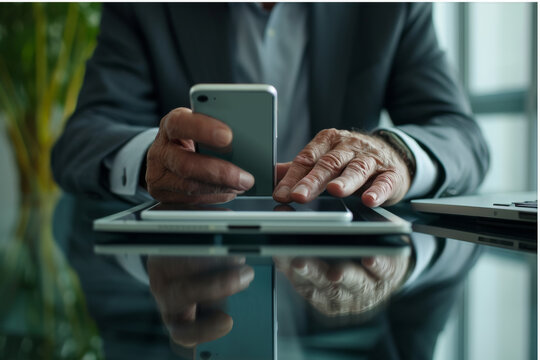 An Older Woman Is Using A Laptop And A Cell Phone