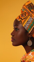 Obraz premium A portrait of a woman wearing a traditional African head scarf and earrings.