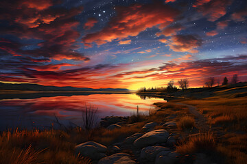 Radiant Colors of Shoreline Evening: A Breathtaking View of Twilight Sky and Serene Landscape