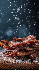 A stack of homemade bacon sits on top of a rustic wooden table.