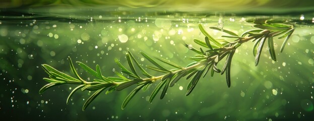 A green branch of a tree is seen floating in a body of water, surrounded by green light.