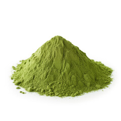 close up pile of finely dry organic fresh raw green barley grass powder isolated on white background. bright colored heaps of herbal, spice or seasoning recipes clipping path. selective focus - obrazy, fototapety, plakaty