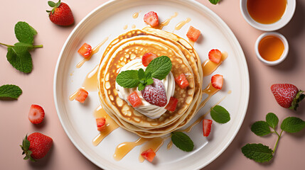 top view of a stack with pancakes and fruits 