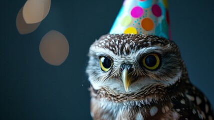 Owl chick with birthday hat, midnight blue background, generative ai