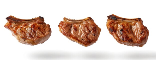 Three pork chops are shown falling onto an isolated white background.