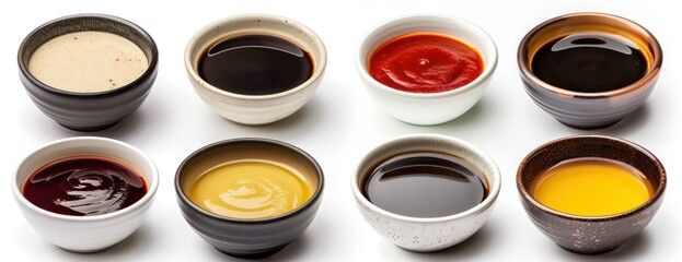 A collection of cups filled with different types of sauces, placed together and isolated on a white background.