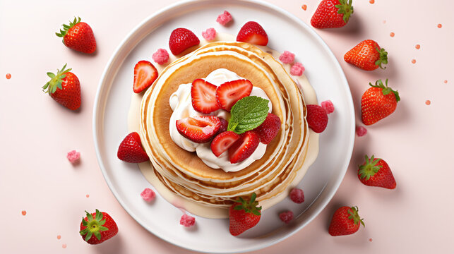 top view of a stack with pancakes and fruits 