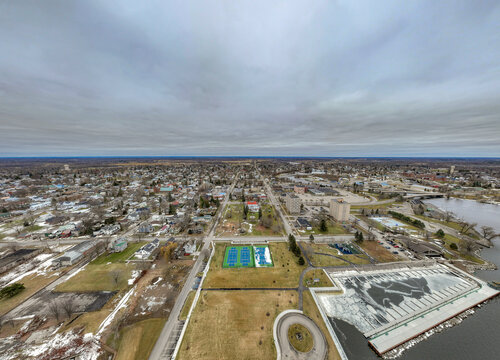 Winter aerial image of City of Ogdensburg, NY on a cloudy afternoon.