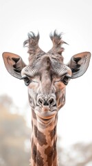 A detailed view of a giraffes face, with the background blurred, showcasing its distinctive features.