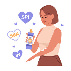 Woman holding in your hand sunscreen. Summertime skin care, UV protection for skin concept. Vector flat illustration.