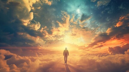 Journey to Infinity. Man walking to new better world of hope and bright future - obrazy, fototapety, plakaty