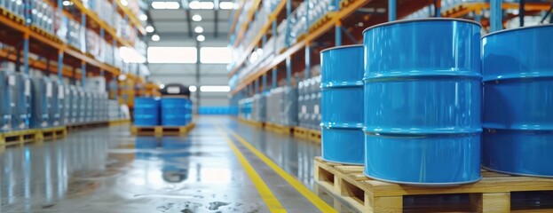 A photo capturing a large warehouse stacked with numerous blue barrels filled with liquid che.