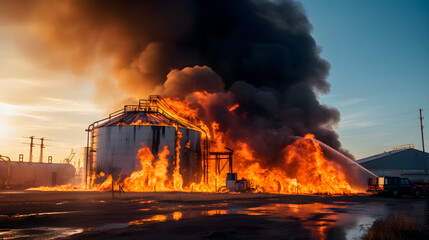 Modern metal granary on fire. A large agro-processing plant for the storage and processing of grain crops.   - obrazy, fototapety, plakaty