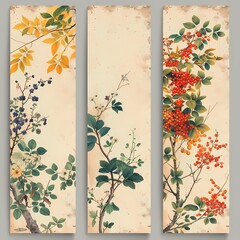 Triptych of Vintage Botanical Illustrations with Autumn Flora