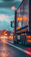 Fototapeta premium A close-up of a cargo truck driving down a wet highway.