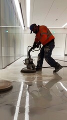 A worker in an orange vest is using a machine to polish a hard floor at high speed.