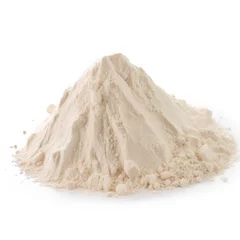 Foto auf Acrylglas close up pile of finely dry organic fresh raw gum tragacanth powder isolated on white background. bright colored heaps of herbal, spice or seasoning recipes clipping path. selective focus © cerulean std