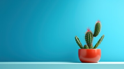 a small cactus in a red pot on a white shelf in front of a blue wall with a blue background.