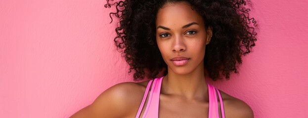 A portrait of a fitness woman striking a pose while wearing a pink tank top against a pink background.