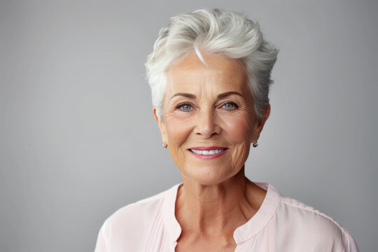 Mujer senior bella,  maquillada y sonriente con pelo corto y canas, vistiendo camisa rosa, sobre fondo gris