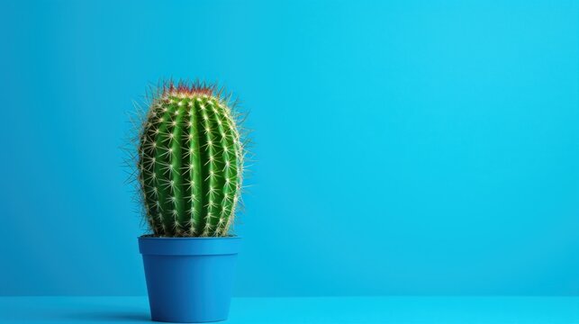 a green cactus in a blue pot on a blue background with copy - space in the middle of the image.