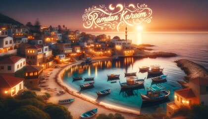 Ramadan Kareem greeting card with coastal village and anchored boats at sunset

