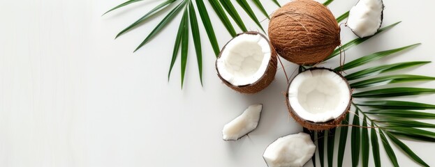 Fototapeta na wymiar A photo of fresh coconuts, both whole and cut in half, alongside palm leaves, all set against a white background.