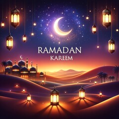 Ramadan Kareem Greeting with Crescent Moon, Stars and Lanterns in Desert Landscape
