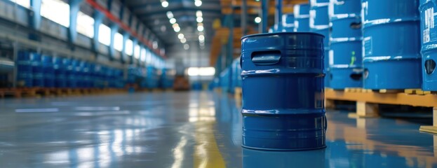 A photo capturing a large blue barrel sitting on top of the floor, containing liquid che.