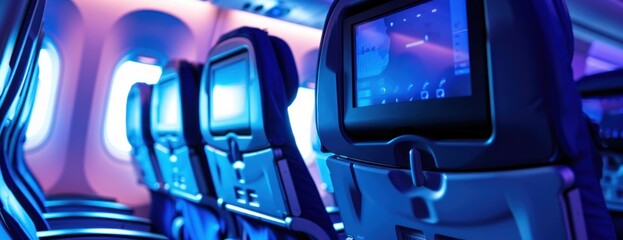 A row of seats in an airplane cabin equipped with individual LCD screens for in-flight entertainment. - obrazy, fototapety, plakaty