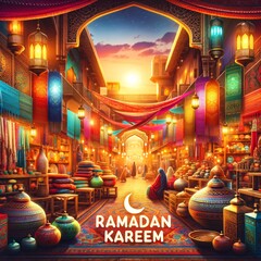 Vibrant Ramadan Kareem Marketplace Scene with Lanterns and Textiles at Sunset