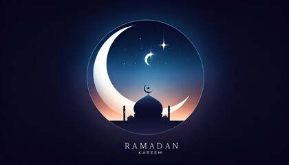 Minimalist Ramadan Kareem greeting card with crescent moon, star, and mosque silhouette