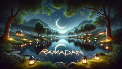 Ramadan Scene with Crescent Moon and Lanterns by Lake