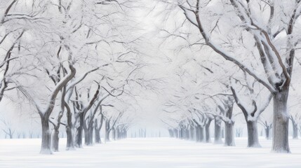 a row of trees covered in snow next to a forest filled with lots of tall, thin, leafless trees.