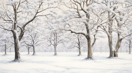 a painting of a snowy landscape with trees and snow in the foreground and a bench in the foreground.