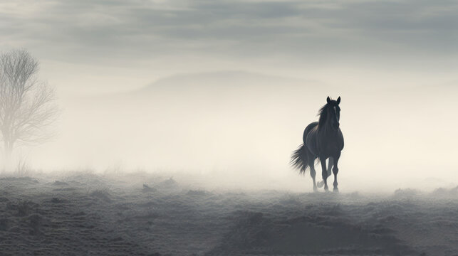 a black and white photo of a horse standing in the middle of a foggy field with mountains in the background.