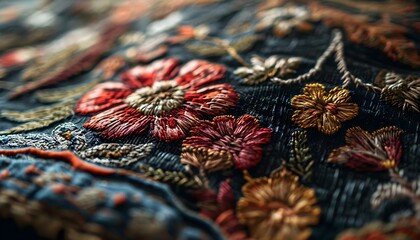 a close up of a piece of cloth with flowers on it - obrazy, fototapety, plakaty