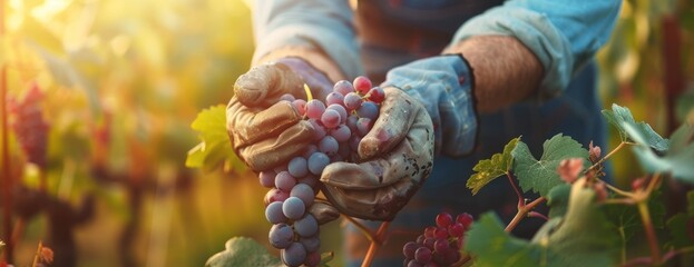 A male farmers hands carefully pick a bunch of ripe grapes from the harvest. - obrazy, fototapety, plakaty