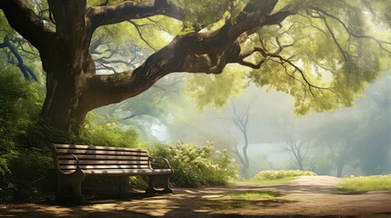nature tree with bench - obrazy, fototapety, plakaty