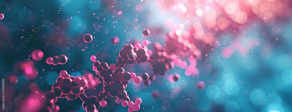 Poster a bunch of bubbles with molecule structures floating in the air against a blue background.