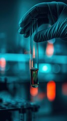 A close-up shot of a gloved hand firmly grasping a test tube filled with liquid in a laboratory setting.