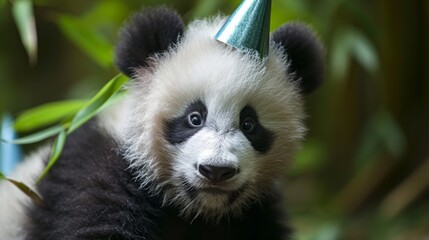 Panda cub with birthday hat, bamboo green background, generative ai