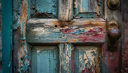 a close up of a door with peeling paint