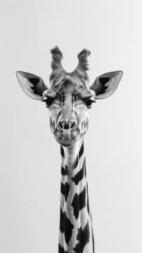A black and white photograph capturing a giraffe standing tall and proud against a white background.