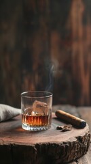 A glass filled with whiskey sits beside a cigar, both resting on a wooden table.