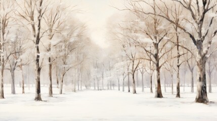 a painting of a snowy landscape with trees and a bench in the foreground and a sky in the background.