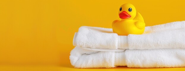 A yellow rubber duck perched atop a neat stack of white towels, contrasting colors and textures.