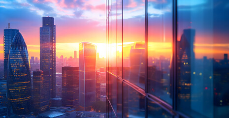 sunset from a window overlooking the financial sector of a thriving and successful city