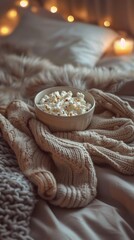 Fototapeta na wymiar A cozy evening at home captured in a photo of a bowl of popcorn and a blanket laid out on a bed.