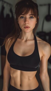 A fit slender young woman showcasing her perfect abs in a black sports bra top while posing for a picture.